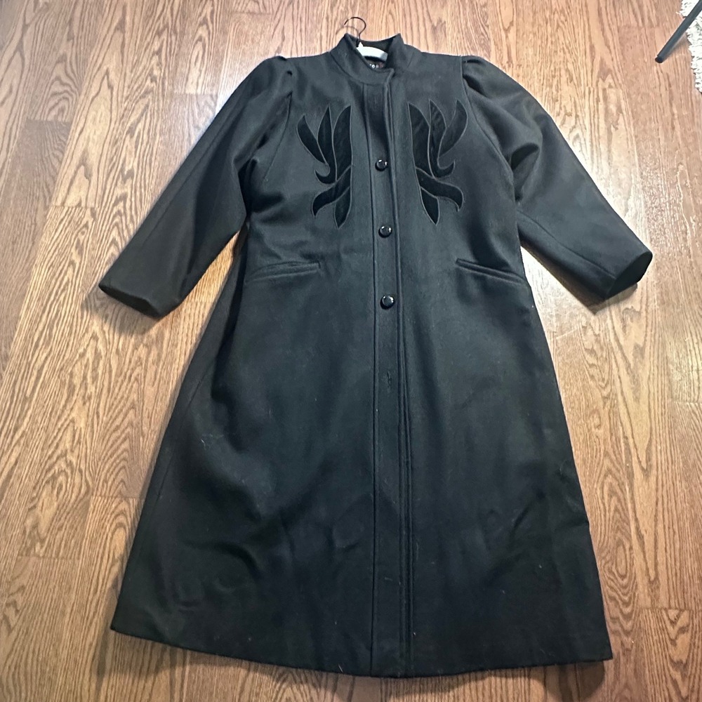 Vintage Black Wool Blend Long Coat Velvet Applique Puffy Shoulder Goth 47in L